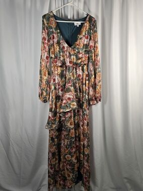 Olia Dress Womens Size Lg Green Maxi Floral Faux Wrap Chiffon Long Sleeve NWT